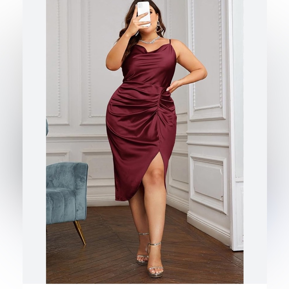 Kim Curvy Chic Red Satin Cowl Neck Dress with ruched side plus 18W new